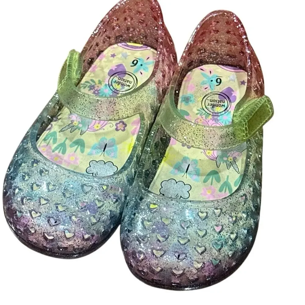 Wonder Nation Rainbow Glitter Jelly Shoes Girls 6C Unicorn Heart Velcro Sandals